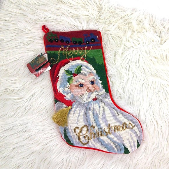 Needlepoint Beaded Santa Stocking New Meier & Frank - Picture 1 of 4